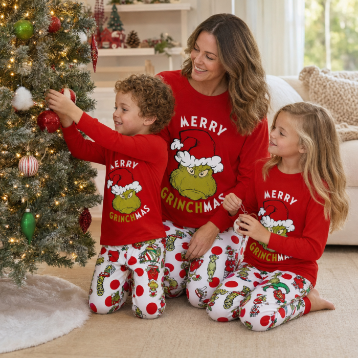 Matching Family Christmas Pajamas – Red Print Sets with Dog Sizes