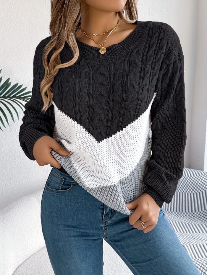 Women's Color-Block Round Neck Sweater – Chevron Cable Knit Pullover | Blythe