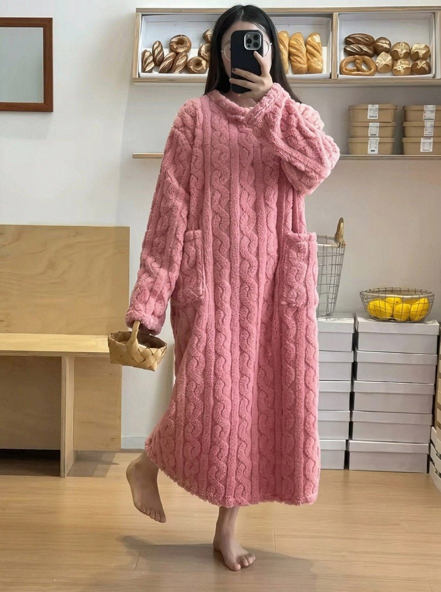 Women's Fleece Midi Dress – Cable Embossed Long Sleeve Crew Neck Dress with Pockets