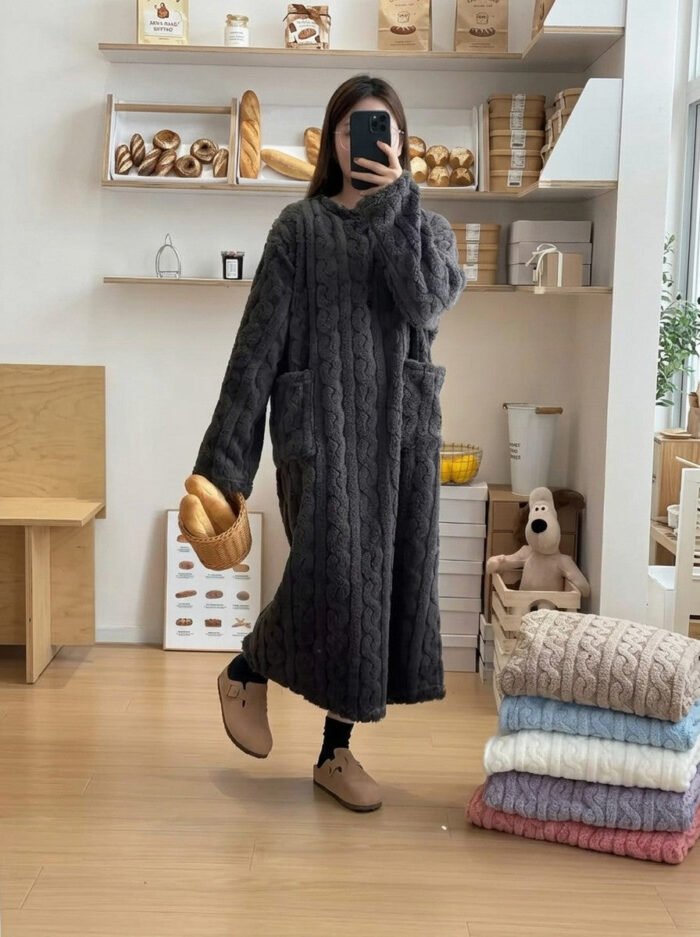 Women's Fleece Midi Dress – Cable Embossed Long Sleeve Crew Neck Dress with Pockets