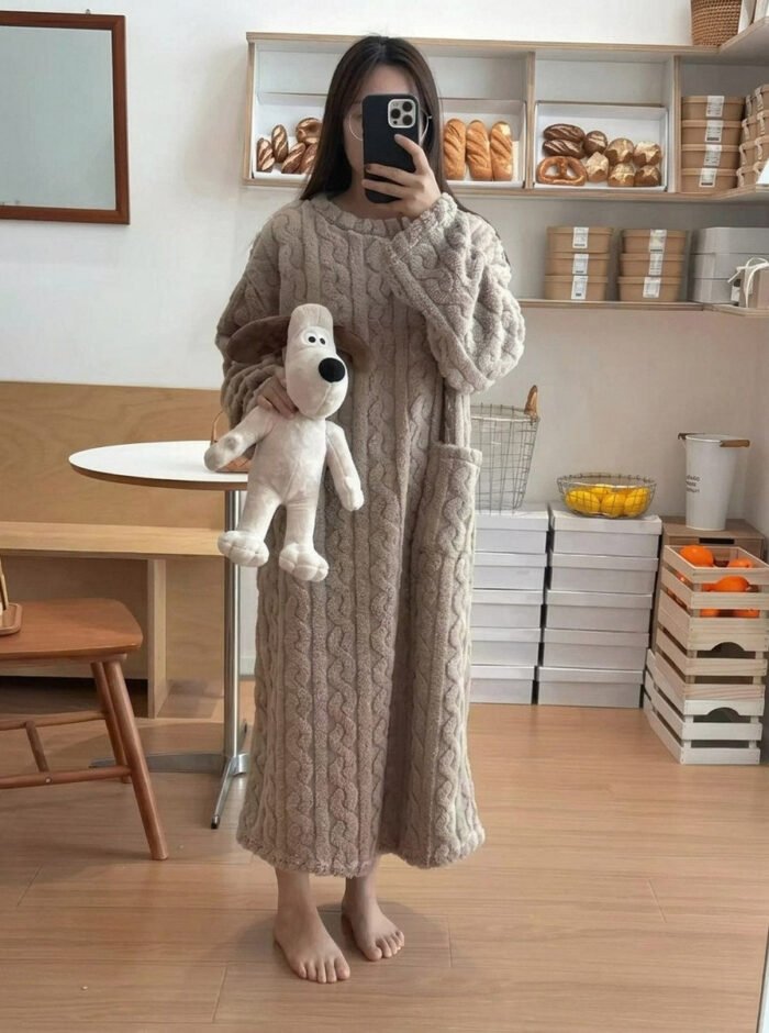 Women's Fleece Midi Dress – Cable Embossed Long Sleeve Crew Neck Dress with Pockets