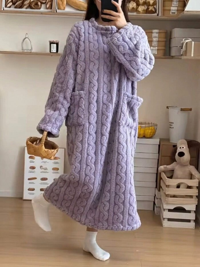 Women's Fleece Midi Dress – Cable Embossed Long Sleeve Crew Neck Dress with Pockets