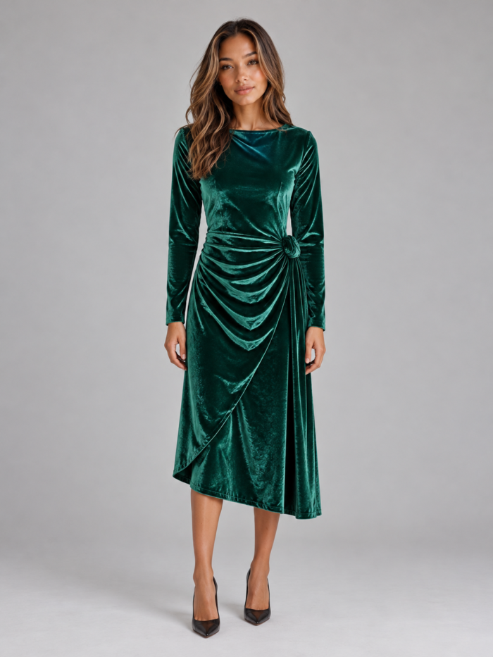 Women's Green Velvet Midi Dress – Long Sleeve Ruched Wrap Holiday Party Dress