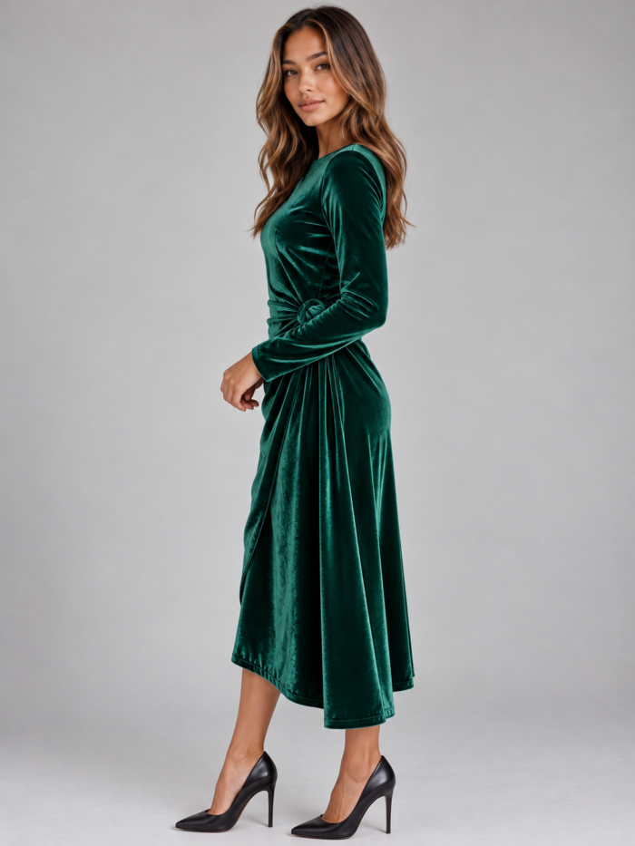 Women's Green Velvet Midi Dress – Long Sleeve Ruched Wrap Holiday Party Dress