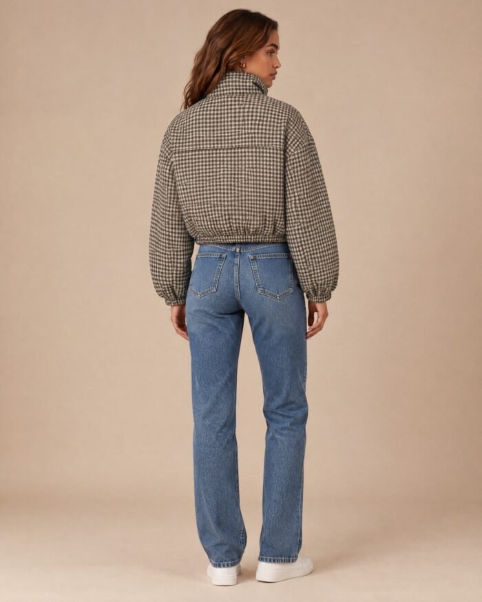 Hazel | Women's Cropped Houndstooth Bomber Jacket
