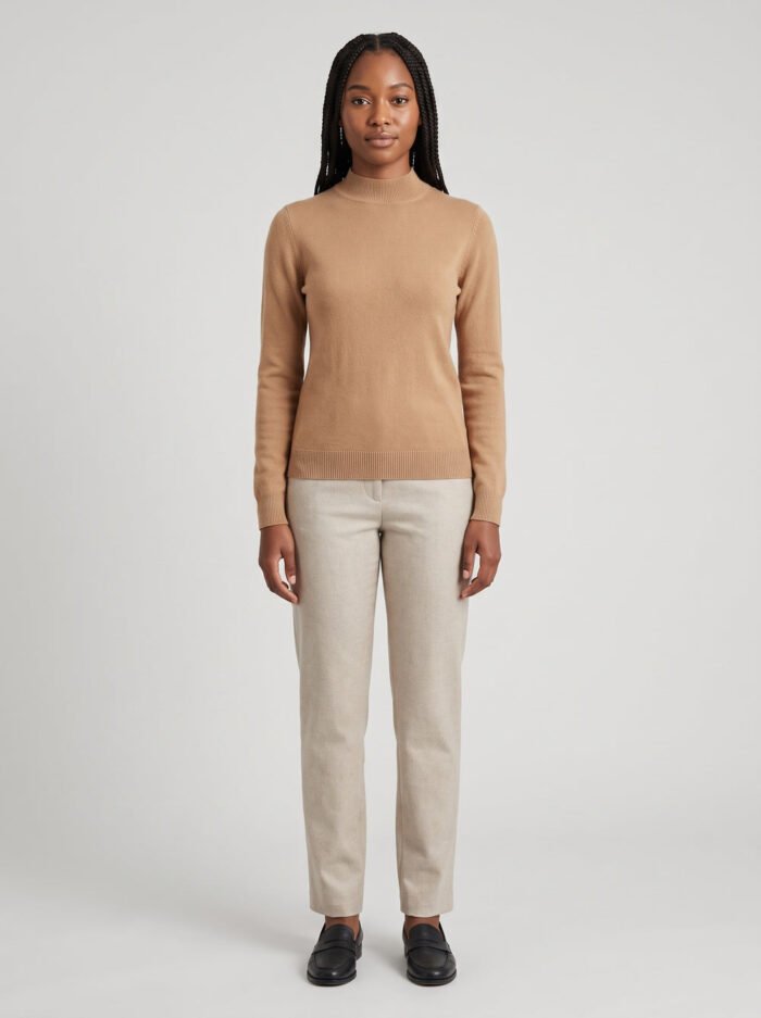 Women's Mock Neck Sweater – Fitted Knit Pullover, Camel