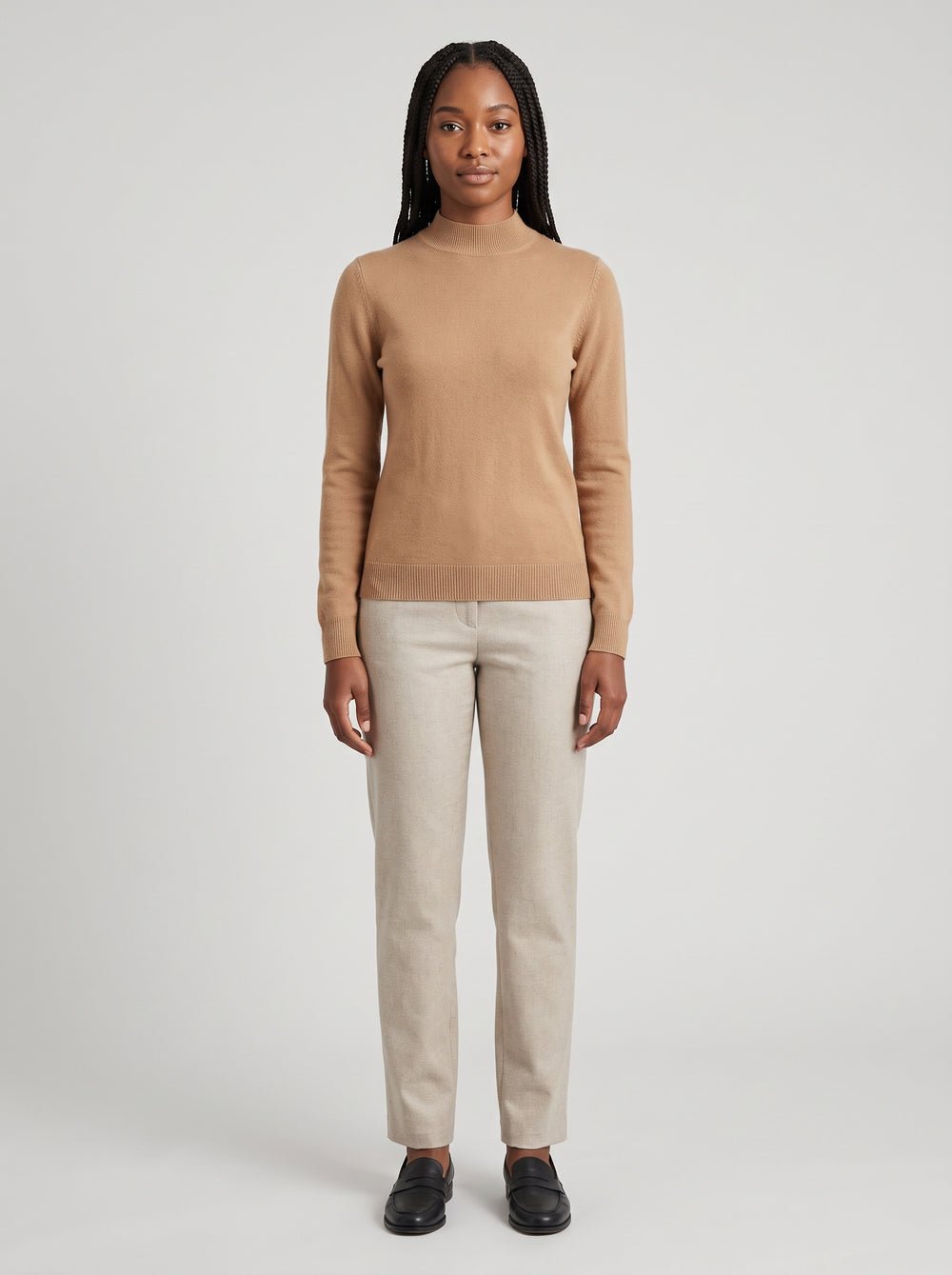 Women's Mock Neck Sweater – Fitted Knit Pullover, Camel