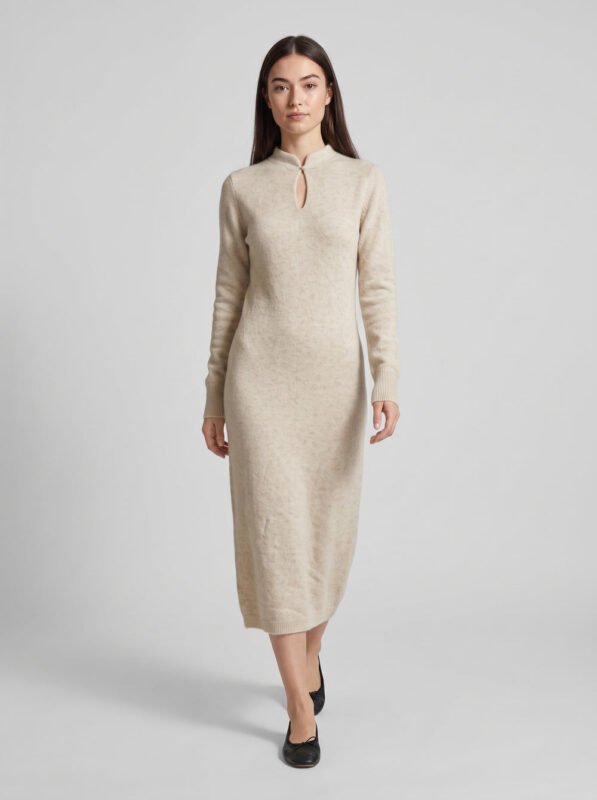 Keyhole Stand-Collar Long Sweater Dress