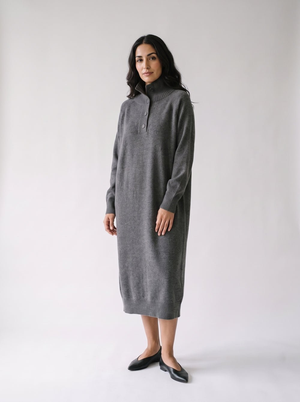 Women's Funnel Neck Sweater Dress – Button Placket Long Knit Dress, Relaxed Fit, Charcoal
