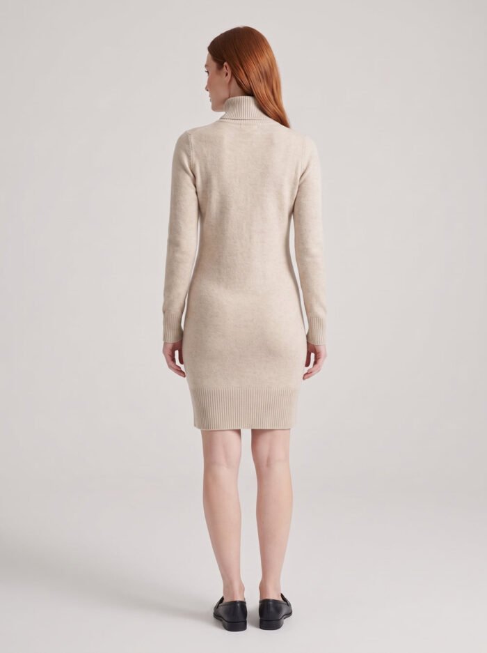 Women's Turtleneck Sweater Dress – Knee-Length Fitted Stretch Knit Dress, Oatmeal