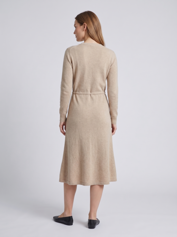 Women's Wrap V-Neck Sweater Dress – Drawstring Waist Long Sleeve Knit Midi Dress, Sand