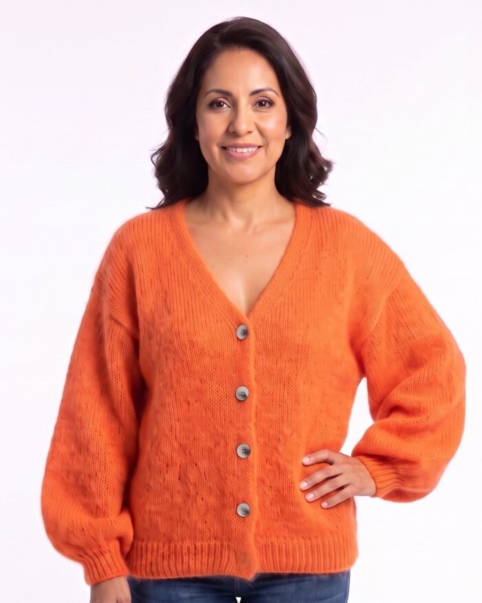 Women's Mohair Cardigan – Lightweight Fuzzy Button-Up Sweater with Balloon Sleeves