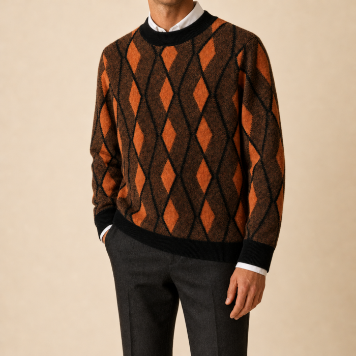 Men's Diamond Pattern Wool Sweater – Crew Neck Knit Pullover | Claudio