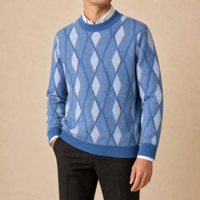 Men's Diamond Pattern Wool Sweater – Crew Neck Knit Pullover | Claudio