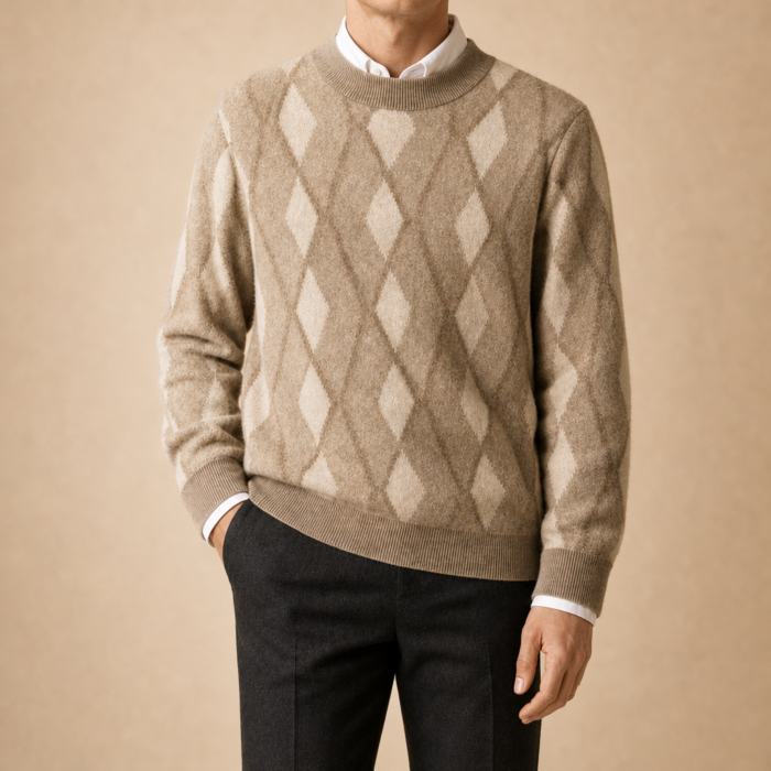 Men's Diamond Pattern Wool Sweater – Crew Neck Knit Pullover | Claudio