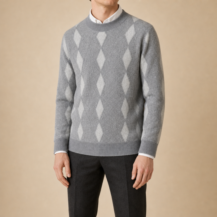 Men's Diamond Pattern Wool Sweater – Crew Neck Knit Pullover | Claudio