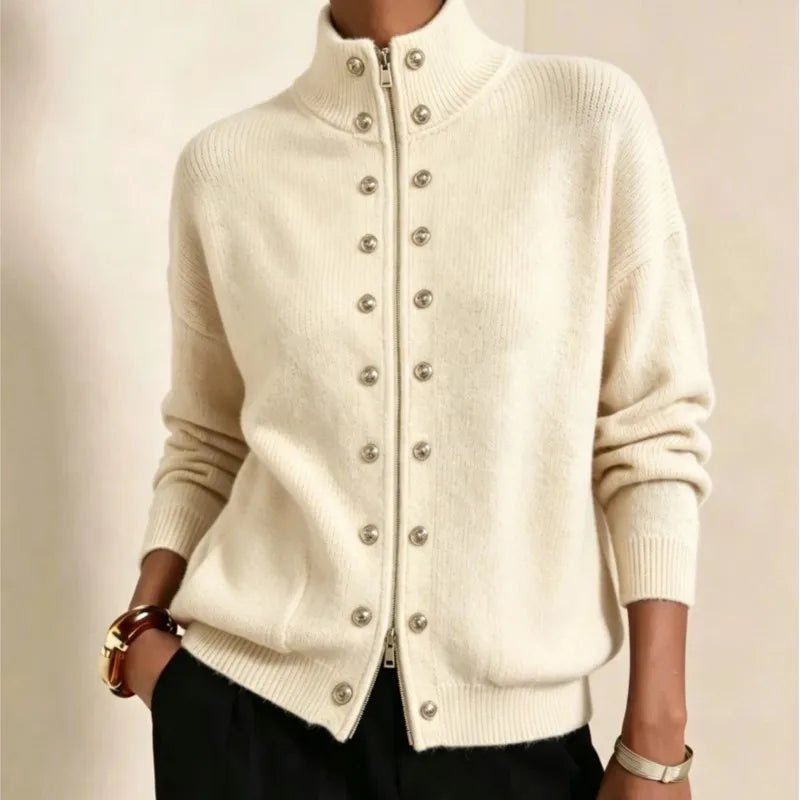 Women's Double-Breasted Knit Cardigan – Stand Collar Ribbed Long Sleeve Sweater | Beckett