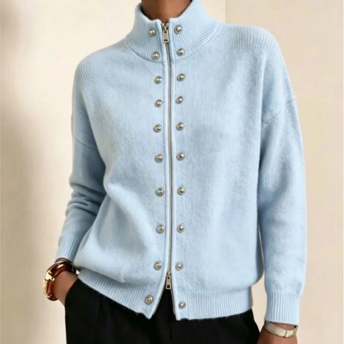 Women's Double-Breasted Knit Cardigan – Stand Collar Ribbed Long Sleeve Sweater | Beckett
