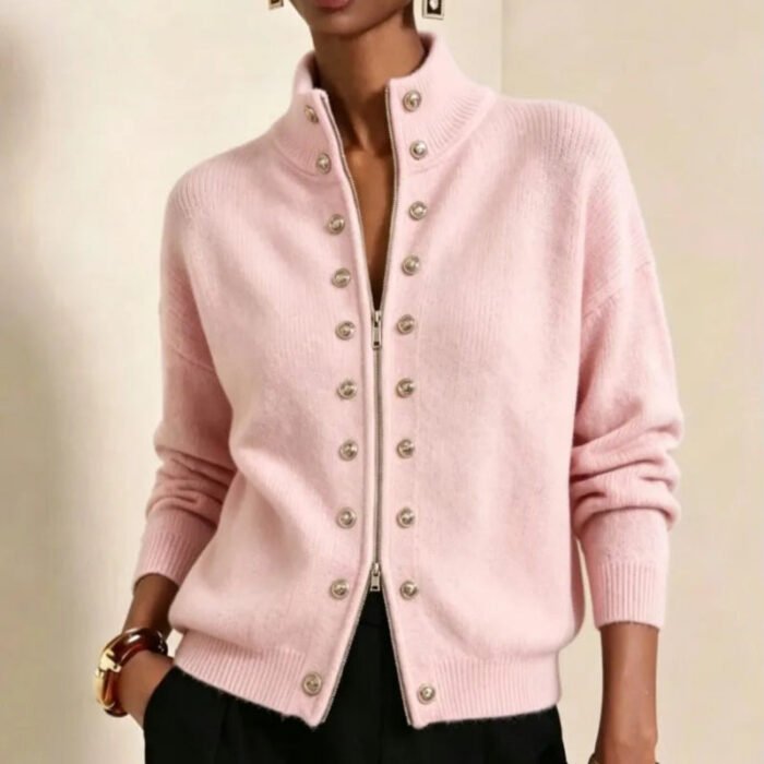 Women's Double-Breasted Knit Cardigan – Stand Collar Ribbed Long Sleeve Sweater | Beckett