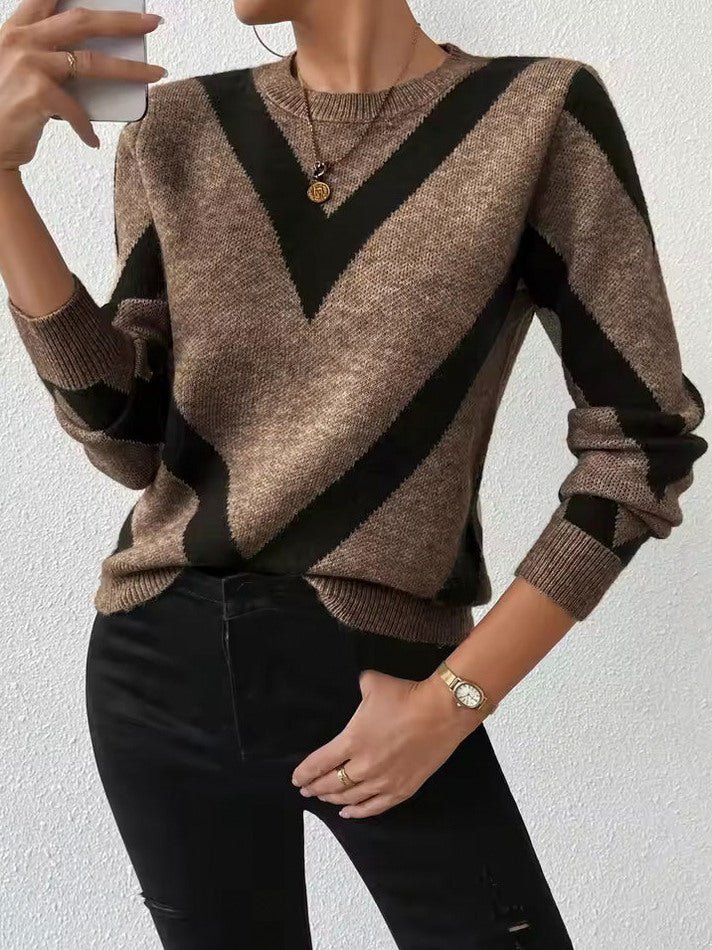 Women's Chevron Striped Knit Sweater – Crewneck Long Sleeve Relaxed Pullover