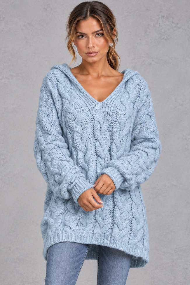 Women's Chunky Cable Knit Hooded Sweater – Oversized V-Neck Hoodie