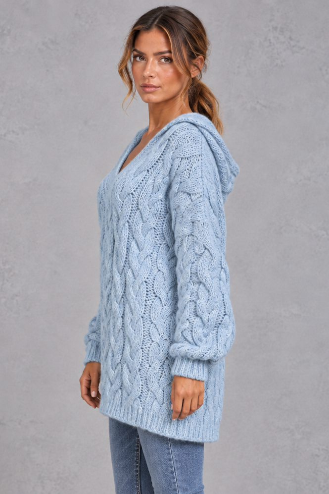 Women's Chunky Cable Knit Hooded Sweater – Oversized V-Neck Hoodie