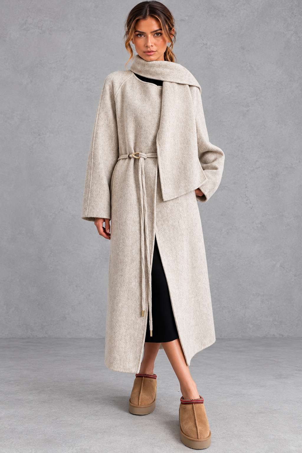 Women's Belted Wrap Coat – Scarf Collar Midi Length Tie Waist