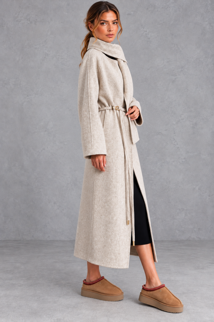 Women's Belted Wrap Coat – Scarf Collar Midi Length Tie Waist