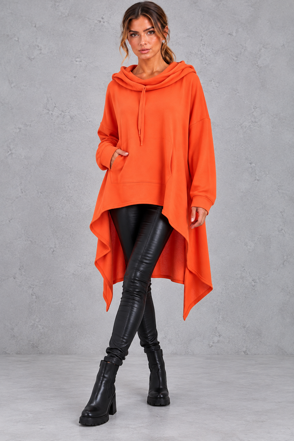 Women's Oversized Asymmetric Hoodie – Cowl Neck Hooded Sweatshirt Hanky Hem Pocket