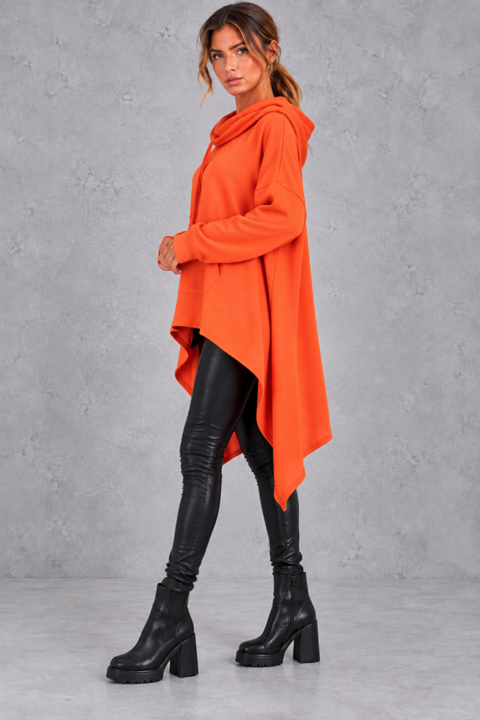 Women's Oversized Asymmetric Hoodie – Cowl Neck Hooded Sweatshirt Hanky Hem Pocket