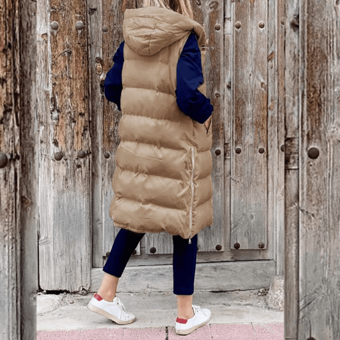 Women Quilted Long Puffer Vest Hooded Sleeveless Gilet Black