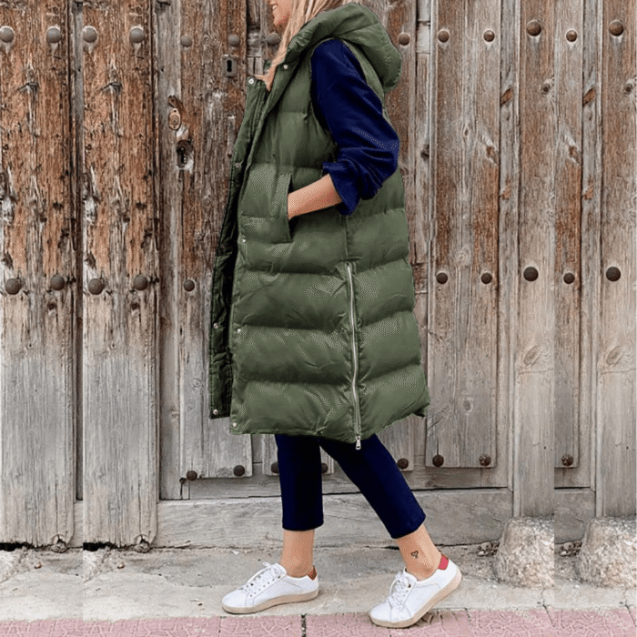 Women Quilted Long Puffer Vest Hooded Sleeveless Gilet Black
