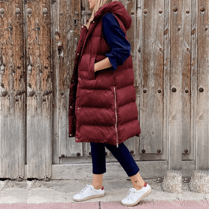 Women Quilted Long Puffer Vest Hooded Sleeveless Gilet Black