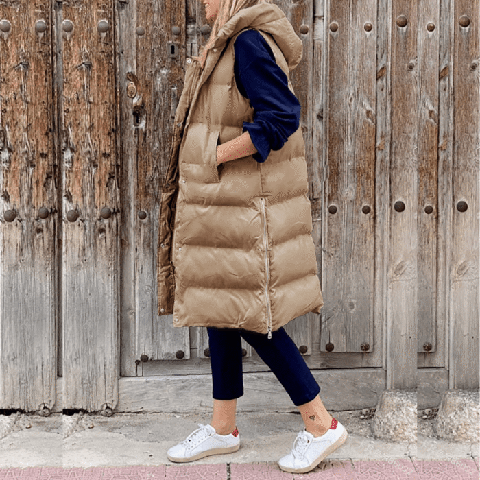 Women Quilted Long Puffer Vest Hooded Sleeveless Gilet Black