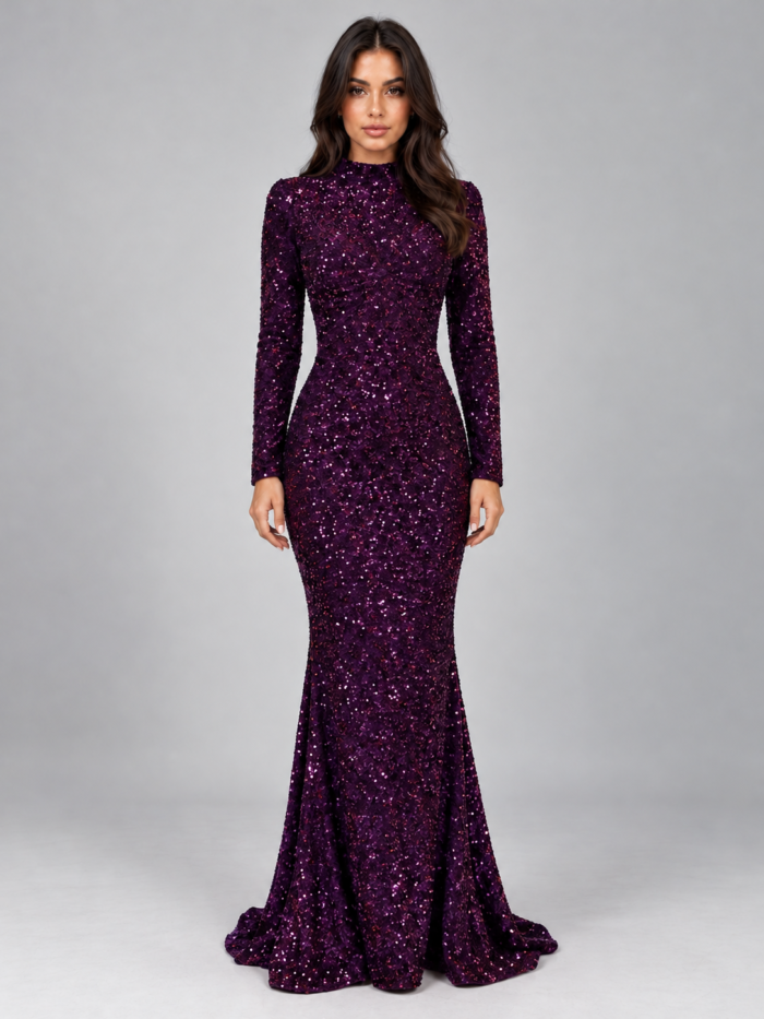 Women's Sequin Maxi Dress – High Neck Long Sleeve Fishtail Evening Gown, Sparkly Party Dress