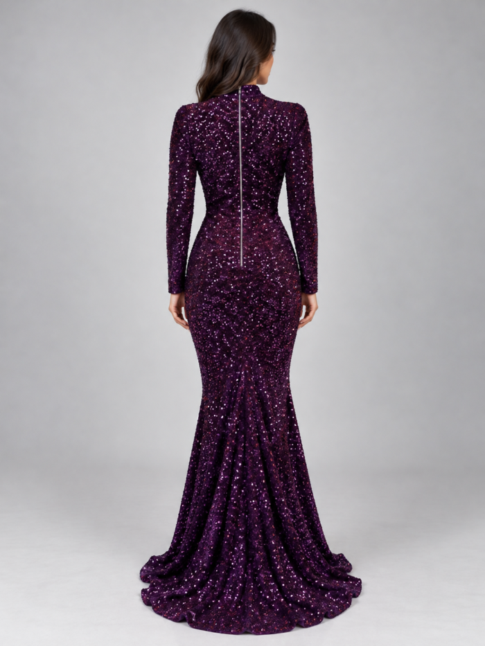 Women's Sequin Maxi Dress – High Neck Long Sleeve Fishtail Evening Gown, Sparkly Party Dress