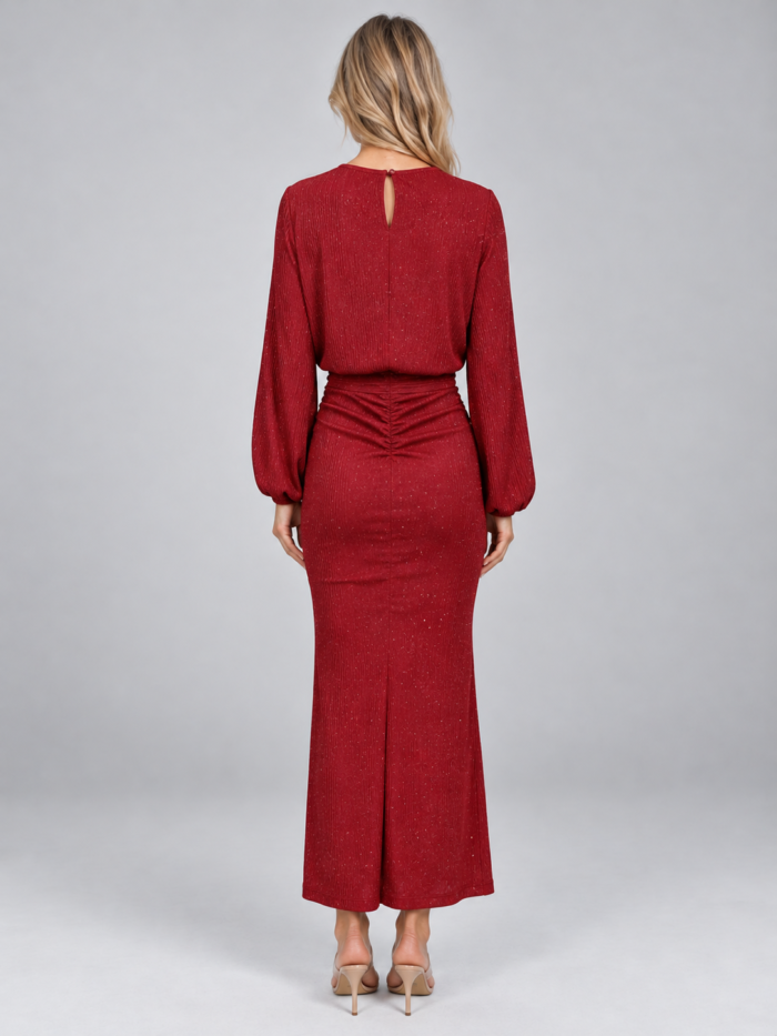 Women's Glitter Maxi Dress – Long Sleeve Ruched Shimmer Evening Gown, Holiday Party Dress