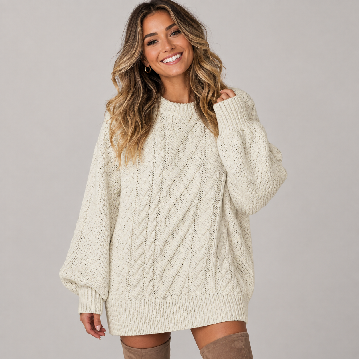 Women's Oversized Cable Knit Sweater Dress – Chunky Knit Long Sleeve Round Neck Dress
