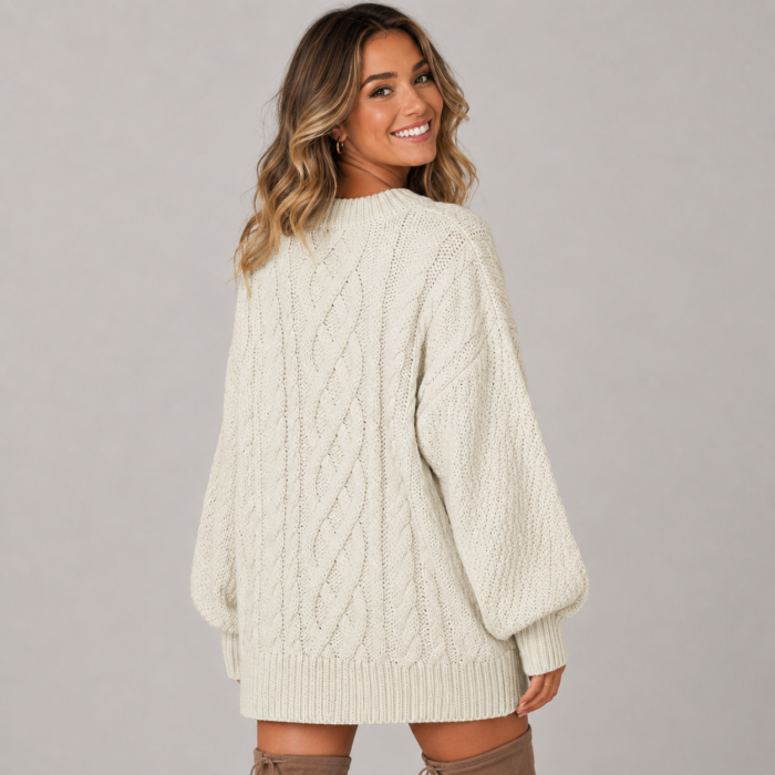 Women's Oversized Cable Knit Sweater Dress – Chunky Knit Long Sleeve Round Neck Dress