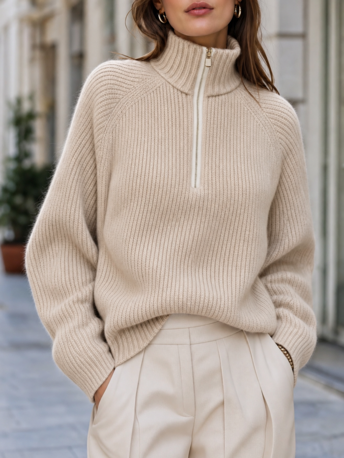Women's Half Zip Ribbed Stand Collar Sweater | Thessalind