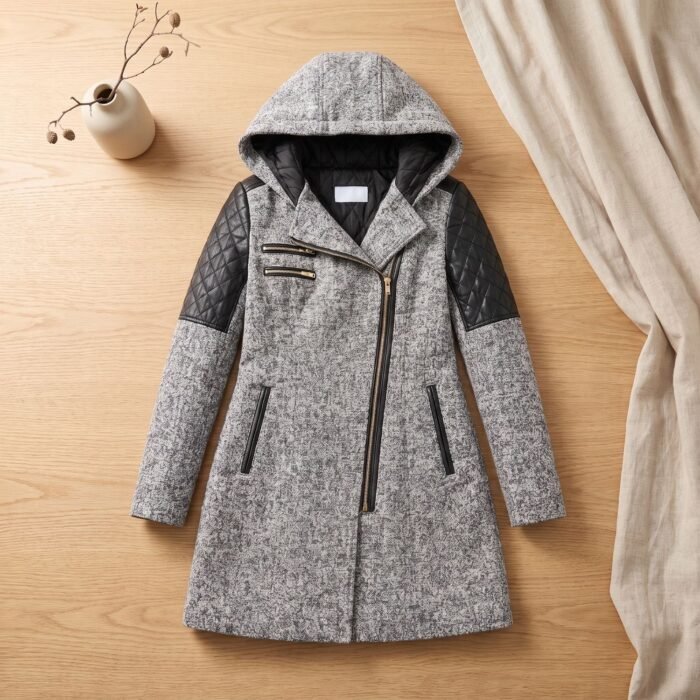 Women's Hooded Quilted Trim Long Coat | Delphine