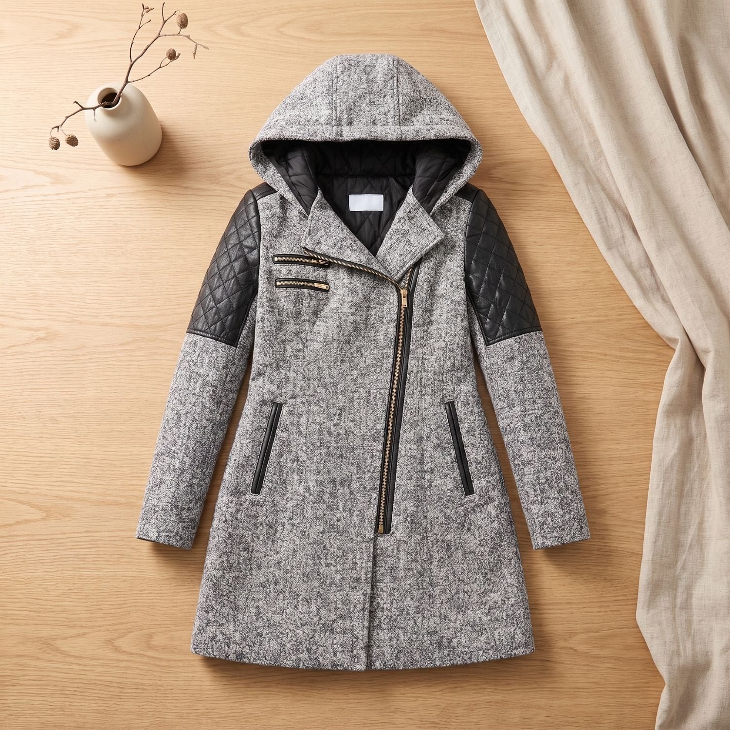 Women's Hooded Quilted Trim Long Coat | Delphine
