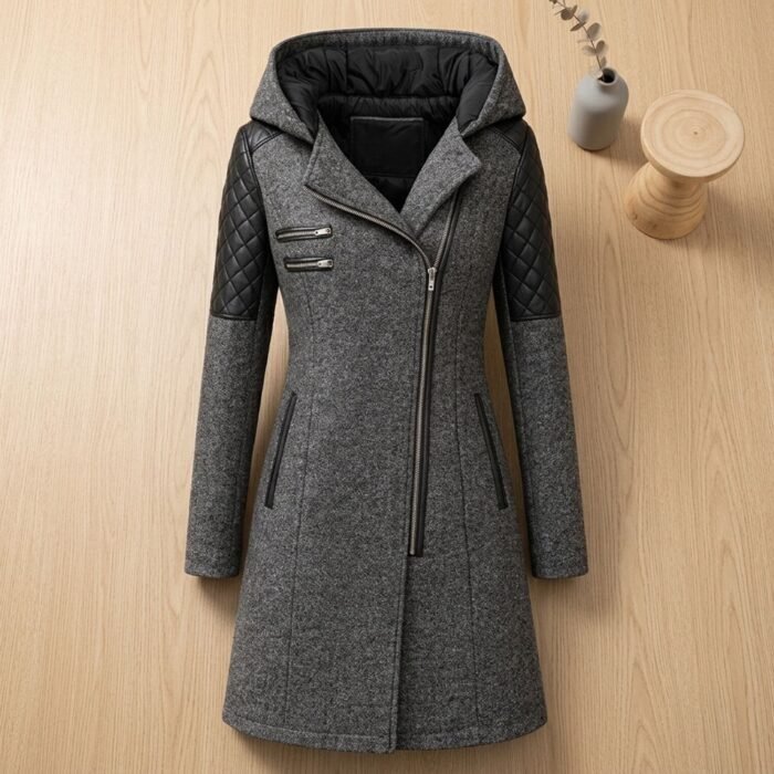Women's Hooded Quilted Trim Long Coat | Delphine