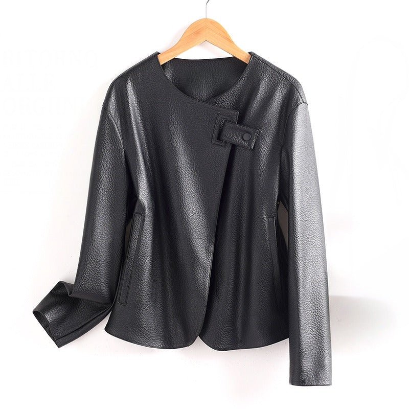 Women's Leather Jacket | Asymmetric Collar Button Fastening