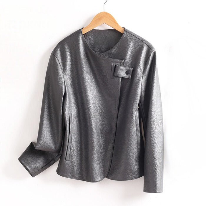 Women's Leather Jacket – Asymmetric Collar Button Fastening Jacket