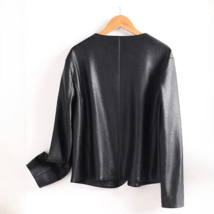 Women's Leather Jacket – Asymmetric Collar Button Fastening Jacket