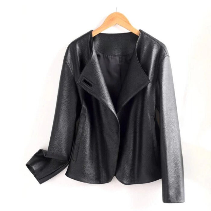 Women's Leather Jacket – Asymmetric Collar Button Fastening Jacket