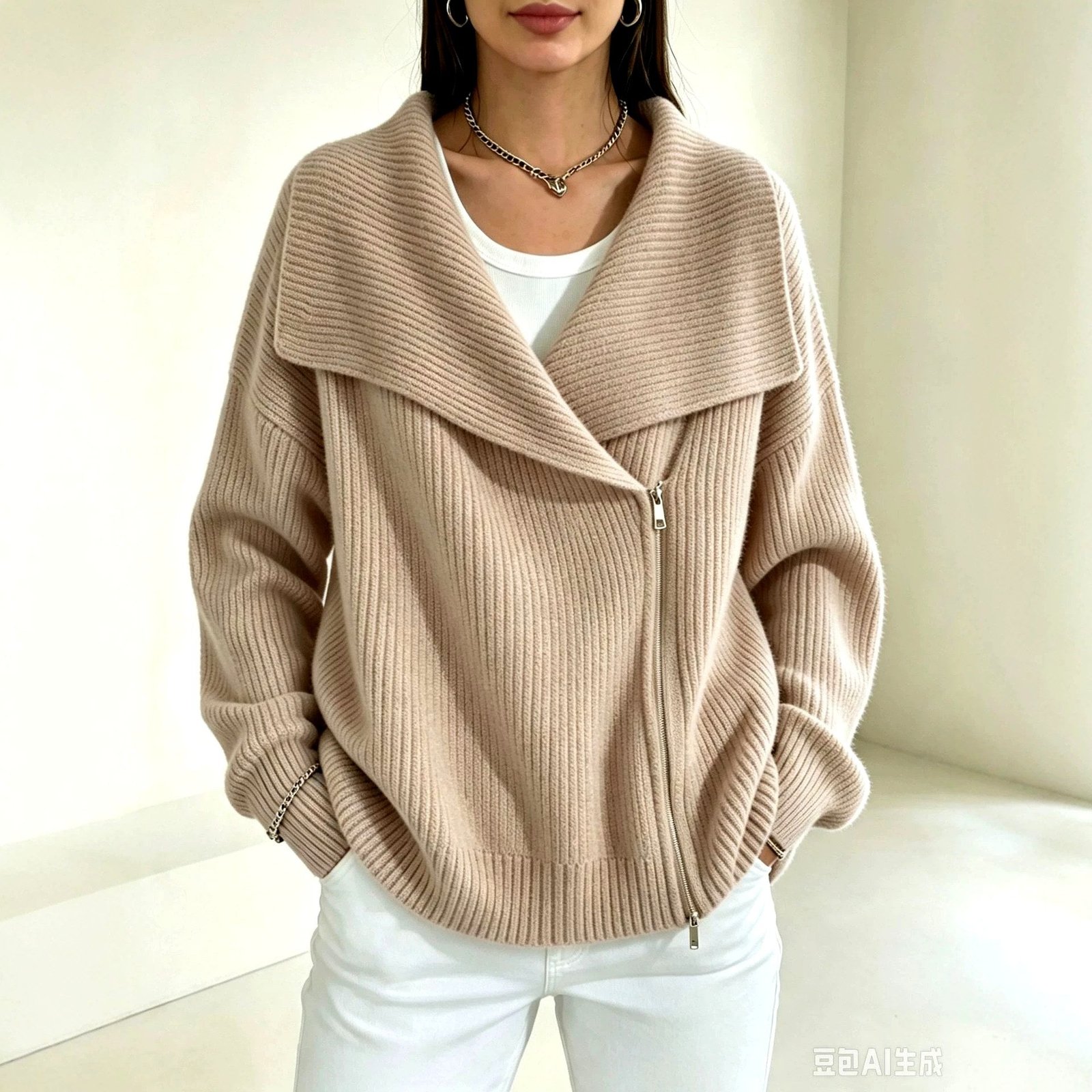Women's Oversized Collar Zip Cardigan | Faye