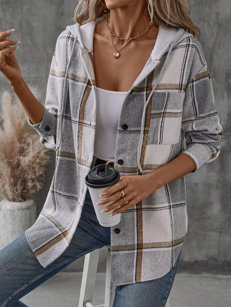 Women's Plaid Hooded Long Sleeve Shacket | Teodora