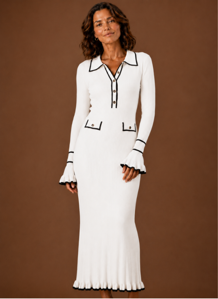 Women's Polo Collar Sweater Dress – Ribbed Knit Maxi Dress with Contrast Trim & Ruffle Hem